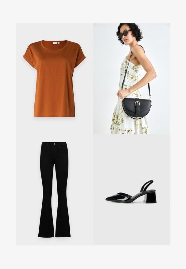 VILA VIDREAMERS NEW NOOS - T-shirt - bas - caramel café; Svarta högmidjade jeans med knäppning och dragkedja, frontfickor och utsvängda ben, liggande platt på en vit bakgrund.; Svarta lackläder slingback klackar med spetsig tå och geometrisk klack. Har en elegant, minimalistisk design och slät yta.; Svart läderhandväska med en böjd form, avtagbar rem och guldiga detaljer. Väskan har ett lock med en spänndetalj.