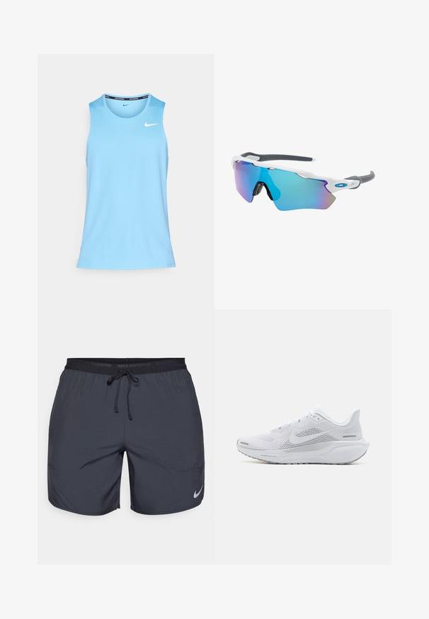 Top sin mangas de color azul cielo, fabricado con un material transpirable, que presenta un cuello redondo y un pequeño logo blanco de Nike en el pecho.; Pantalones cortos de running de Nike en gris oscuro, con una cintura elástica y un cordón de ajuste, además de un acento del logo plateado en la parte inferior de la pierna derecha.; Zapatilla deportiva blanca con parte superior de malla, sobrecapas de textura suave, acentos en gris, cordones y una suela acolchada diseñada para el rendimiento.; Gafas de sol con montura blanca, detalles grises y lentes espejados azules. Diseño deportivo, forma envolvente y almohadillas para la nariz ajustables.