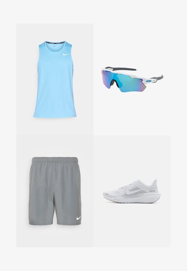 Lichtblauwe mouwloze tanktop van ademend materiaal, met een ronde hals en een klein wit Nike-logo op de borst.; Grijze sportshorts van gladde stof, met een elastische tailleband en een wit Nike-logo op de onderzijde van de rechter voorkant.; Witte sportieve schoen met een mesh bovenwerk, gladde textuur overlays, grijze accenten, veters en een gevoerde zool ontworpen voor prestaties.; Zonnebril met een wit frame, grijze accenten en blauwe spiegelglazen. Sportief ontwerp, omhulde vorm en verstelbare neuspads.