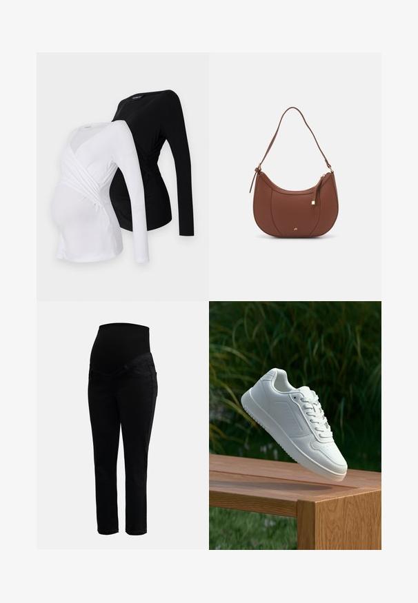 Dve majice z dolgimi rokavi za nosečnice v beli in črni barvi. Imajo preklopni dizajn, mehko tkanino in ukrivljen rob za udobno prileganje.; Črne nosečniške hlače z raztegljivim visokim pasom in oprijetimi nogavicami, zasnovane za udobje in podporo med nosečnostjo.; Bela teniska s gladkim sintetičnim zgornjim delom, perforiranim prednjim delom, ravnimi vezalkami in teksturiranim podplatom, prikazana na leseni površini.; Rjava usnjena torbica z ramenskim ročajem, ukrivljene oblike, minimalnim šivom in zlato-tonirano kovinsko dekoracijo. Ima zgornje zapiranje na zadrgo in nastavljiv trak.