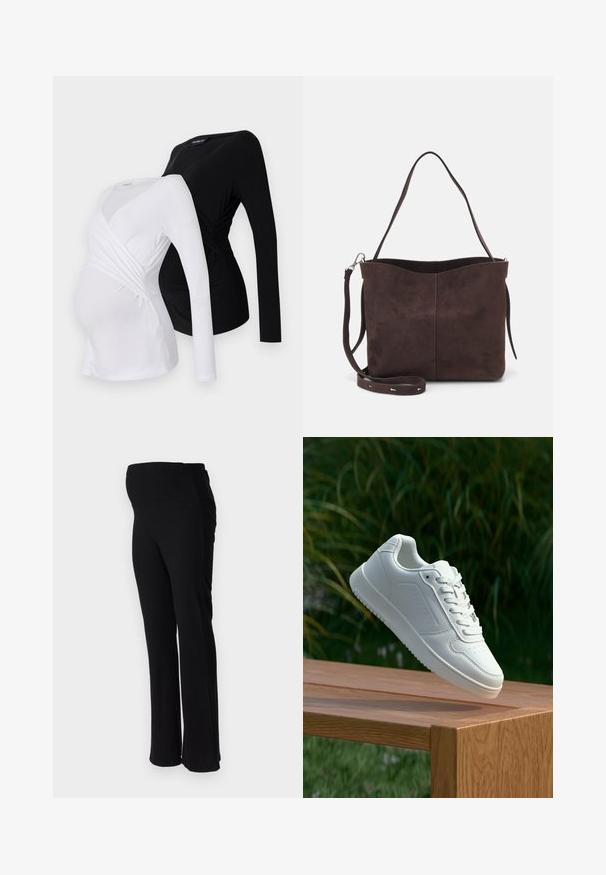 Dwie bluzki ciążowe z długim rękawem w kolorze białym i czarnym. Posiadają fason z krzyżowaniem, miękką tkaninę oraz zaokrąglony dół, zapewniające komfortowe dopasowanie.; ONLY MATERNITY OLMHALLE czarny; Biały sneaker z gładką syntetyczną cholewą, perforowanym noskiem, płaskimi sznurowadłami i teksturowaną podeszwą, wyeksponowany na drewnianej powierzchni.; Brązowa surowa torba na ramię o miękkiej fakturze, z pojedynczym paskiem na ramię i subtelnym, zakrzywionym otwarciem u góry. Brak widocznych detali metalowych.