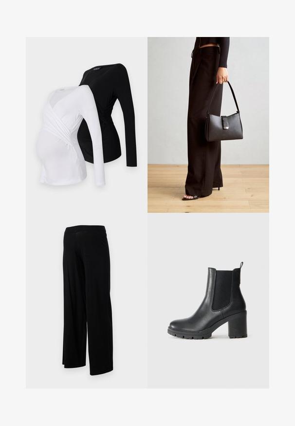 Kaksi pitkähihaista äitiystoppia valkoisena ja mustana. Ominaisuuksiin kuuluu ristikkäinen muotoilu, pehmeä kangas ja kaareva helma mukavaa istuvuutta varten.; Mustat ylisuuret housut, joissa on joustava vyötärö ja sileä, venyvä rakenne. Ominaisuuksiin kuuluu yksinkertainen muotoilu ilman kuvioita tai koristeita.; Mustat nahkasaappaat nilkkamittaisella varrella, joissa on joustavat sivupaneelit, paksu kumipohja ja korkea lohkopohja. Takana on vetoketju.; Musta käsilaukku, jossa on rakenteellinen muoto, sileä pinta ja metallinen solki. Yhdistetty leveisiin mustiin housuihin ja avonaiheisiin sandaaleihin puulattialla.