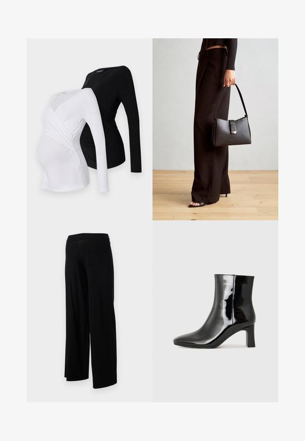 Duas blusas de maternidade de mangas compridas em branco e preto. Apresentam um design cruzado, tecido macio e bainha curva para um ajuste confortável.; Calças largas pretas com uma cintura elástica e uma textura suave e elástica. Apresenta um design simples, sem padrões ou adornos.; Botim de tornozelo em pele sintética preta com bico apontado e salto bloco de altura média. Textura suave e design minimalista.; Bolsa preta com forma estruturada, textura suave e um fecho metálico. Combinada com calças largas pretas e sandálias de salto aberto sobre um chão de madeira.