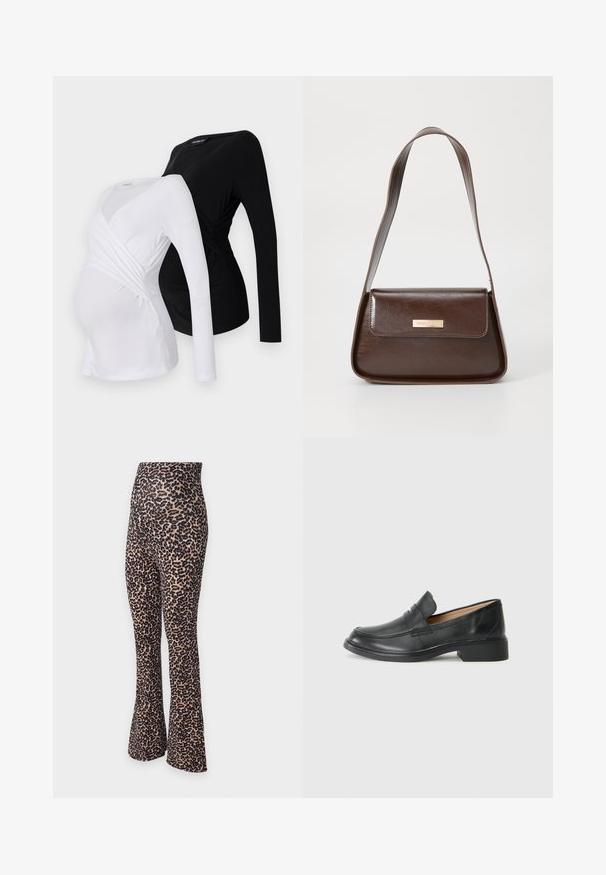 Dvě těhotenské blůzky s dlouhým rukávem v bílé a černé barvě. Vybaveny překříženým designem, měkkou tkaninou a zakřiveným lemem pro pohodlné nošení.; Legíny s rozšířením a leopardím vzorem s vysokým pasem. Vyrobené z elastické látky, s béžovým základem a černými tečkovanými vzory.; Černý kožený mokasín s nízkým podpatkem, který má prošívaný design a styl obouvání bez zpevnění, umístěný na jednobarevném bílém pozadí.; Hnědá kožená taška přes rameno se strukturovaným tvarem, vybavená magnetickou klopou a metalickým logem na přední straně.