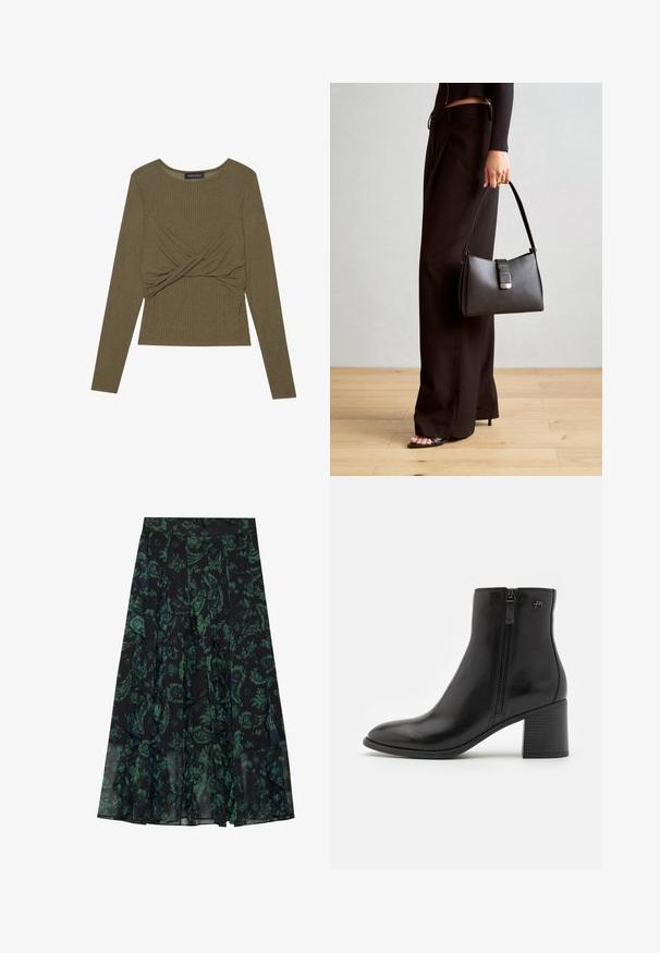 Olivnozeleni dolgi rokav top iz rebraste tkanine, s zasukanim sprednjim delom in okroglim izrezom.; Črna krila z zelenim cvetličnim vzorcem, ki ima nabrane robove in naborke. Narejena iz lahkega materiala, ki nudi tekoč silhuet.; Črne gležnjarje iz gladke usnje z božnim zadrgo. Imajo koničast padec in strukturiran blokast peto za stabilnost.; Črna torbica z strukturirano obliko, gladko teksturo in kovinskim zaponko. Ujemajo se z širokimi črnimi hlačami in odprtimi sandali na lesenem tleh.