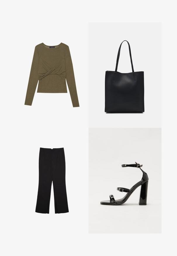 Olivnozeleni dolgi rokav top iz rebraste tkanine, s zasukanim sprednjim delom in okroglim izrezom.; Črne hlače ravnega kroja z naglavnimi žepi in stranskimi razporki na robu. Narejene iz mehke, gladke tkanine. Primerne za različne priložnosti.; Črne lakaste sandale z visokimi petami, z dvema trakovoma z zaponkama, kvadratnim sprednjim delom in masivno širšo peto, z gladko, sijočo teksturo.; Črna usnjena torba s svilnato teksturo, pravokotne oblike in dvema dolgima ročajema. Brez vidnih metalnih delov ali okrasnih elementov.