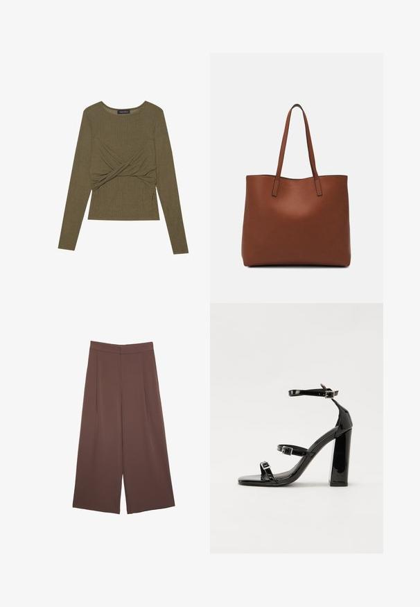 Olivnozeleni dolgi rokav top iz rebraste tkanine, s zasukanim sprednjim delom in okroglim izrezom.; Rjave široke hlače z gladko teksturo, ki imajo visok pas in sprednje naborke. Tkanina je lahka in prosto pada.; Črne lakirane sandale s peto, kvadratnim prstom, trakovi okrog gležnja in srebrnimi zaponkami. Opremljene so s stabilno Debelo peto.; Rjava usnjena torba z gladko teksturo, odprto zasnovo zgoraj in dvema naramnima trakovoma. Opremljena je z minimalnim šivanjem in brez vidnih kovinskih delov.