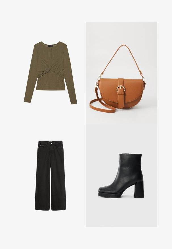 Olivově zelený dlouhý rukáv top vyrobený z žebrované tkaniny, s krouceným předním designem a kulatým výstřihem.; Kovové konce, pět kapes a čistá úprava. Textura je hladká a měkká.; Černý kožený kotníkový bot s blokovým podpatkem a platformou, viděný z boku na jednoduchém bílém pozadí.; Hnědá kožená křížová taška s zakřiveným tvarem, zlatými detaily a akcentem s přezkou. Obsahuje odnímatelný popruh na rameno.