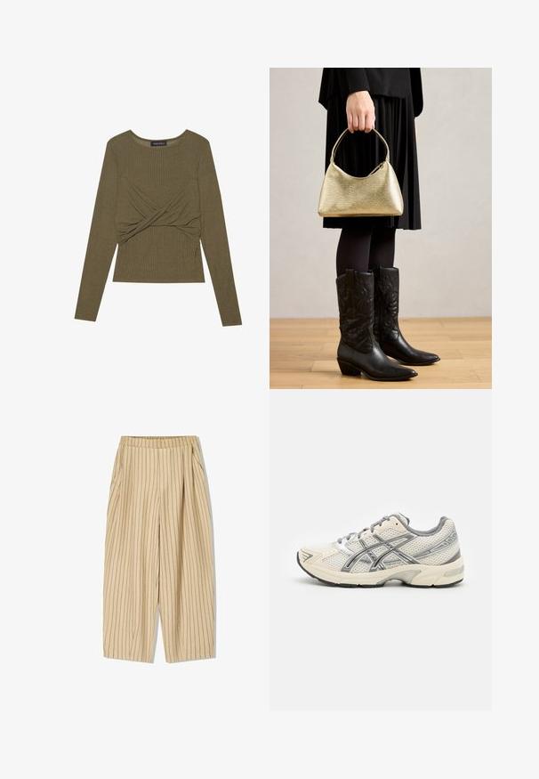 Vihreä oliivinvärinen pitkähihainen paita, joka on valmistettu ribbidakankaasta, ja jossa on kierretty etuosan muotoilu sekä pyöreä kaula-aukko.; Beige striped trousers with an elastic waistband, featuring two side pockets, a loose fit, and vertical black pinstripes for detail.; Juoksukengät, joissa on hengittävä valkoinen verkkopäällinen, hopeiset yksityiskohdat, harmaat nauhat ja kestävä musta kumipohja. Kevyt ja pehmeä malli.; Kultainen teksturoitu käsilaukku, jossa on kaareva muoto ja lyhyt kahva, jota pitää henkilö, joka käyttää mustaa laskostettua hametta ja mustia nahkasaappaita.