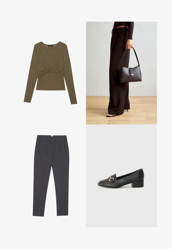 Olive zaļas krāsas garās piedurknes tops, izgatavots no ribota auduma, ar pagrieztu priekšpusi un apaļu dekoltē.; Tumši pelēki iešūti bikses ar sānu kabatām un priekšējiem piegriezumiem, kas izstrādātas pieguļošai piegriezuma formai.; Melnas ādas loafers ar plakanu papēdi, kurām priekšā ir dekoratīvs zelta aparatūras elements un gluda tekstūra.; Melnā somiņa ar strukturētu formu, gludu tekstūru un metālu sprādzi. Saskaņota ar platām melnām biksēm un sandālēm ar atvērtu purngalu uz koka grīdas.