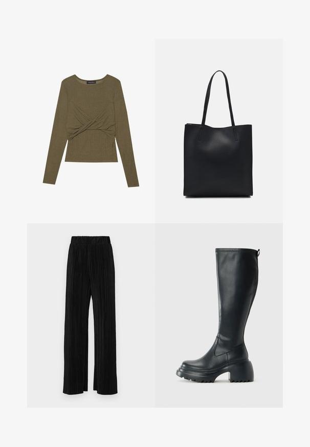 Olivgrünes Langarmoberteil aus geripptem Stoff mit einem gedrehten Frontdesign und rundem Halsausschnitt.; Schwarze plissierte Hose mit elastischem Bund. Verfügt über weite Hosenbeine und einen glatten, strukturierten Stoff mit vertikalen Streifen.; Hoher schwarzer Lederstiefel mit einer robusten Plateausohle und Blockabsatz, der über eine Zuglasche und ein strukturiertes Profil an der Außensohle verfügt.; Schwarze Laptoptasche aus Leder mit glatter Textur, rechteckiger Form und zwei langen Griffen. Keine sichtbaren Beschläge oder Verzierungen.