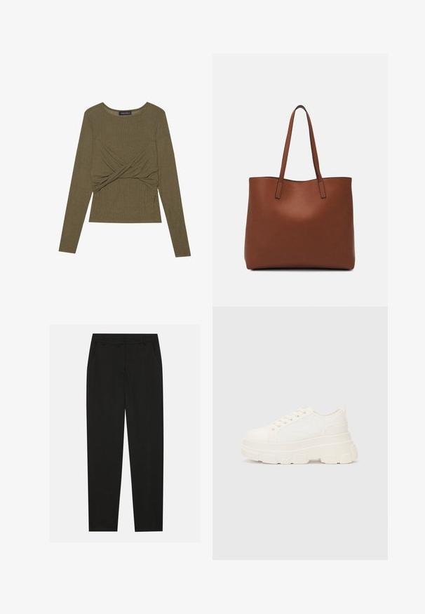 Olive green long-sleeve top made of ribbed fabric, featuring a twisted front design and a round neckline.; Black trousers with a tailored design, featuring side pockets and a straight leg. Made from smooth, lightweight fabric with a sleek finish.; White canvas sneaker with a chunky sole, rounded toe, and five eyelets for laces. Back tab for easy wear. Smooth texture, minimalist design.; Brown leather tote bag with a smooth texture, open top design, and two shoulder straps. Features minimal stitching and no visible hardware.