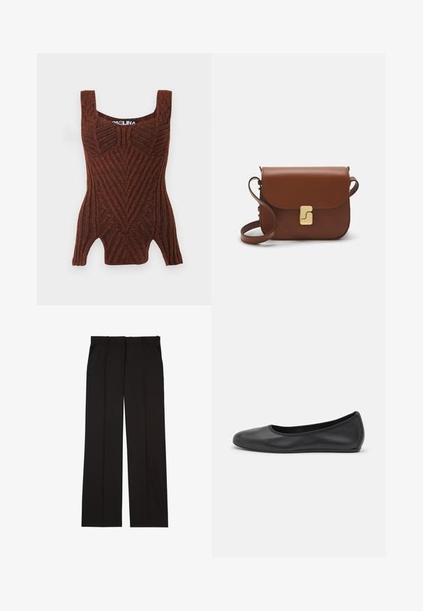 Barna kötött ujjatlan póló bordás textúrával, geometriai mintával, széles pántokkal és testhez álló sziluettel.; Fekete, sima anyagból készült, szabott nadrág, egyenes vonalú szabással és két oldalsó zsebbel. Elegáns és minimalista kialakítás.; Fekete bőr balettcipő lekerekített orral, sima tekstúrával, minimális varrással és rugalmas talp kialakítással.; Barna bőr kézitáska, hajtókás zárással, arany színű fém kiegészítőkkel, vállpánttal és sima felülettel. Kompakt téglalap alakú.