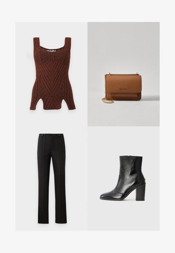Débardeur en tricot marron avec une texture côtelée, arborant un motif géométrique, des bretelles larges et une silhouette ajustée.; Pantalons tailleur noirs à jambe droite, deux poches avant, fermeture à bouton et détails de plis sur le devant. Texture de tissu lisse.; Bottine en cuir noir, avec une texture lisse, un bout pointu et un talon chunky haut. Présente une ouverture sur le côté et un design minimaliste.; Sac en cuir texturé marron en bandoulière avec une sangle en chaîne dorée et une fermeture à rabat. L'avant présente un détail de logo et une poche sous le rabat.