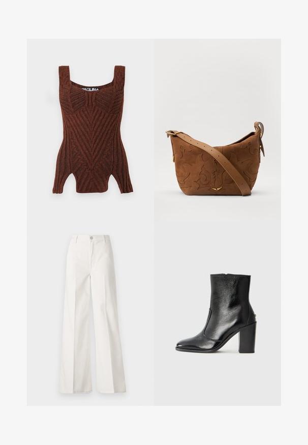 Brown knit tank top with a ribbed texture, featuring a geometric pattern, wide shoulder straps, and a fitted silhouette.; White wide-leg trousers made from cotton with a smooth texture. Features a front button, zipper fly, and four-pocket design.; Black leather ankle boot with a smooth texture, pointed toe, and a chunky high heel. Features a side opening and minimalistic design.; Brown suede shoulder bag with embossed floral design, complemented by a smooth brown leather strap and gold-tone hardware accent.
