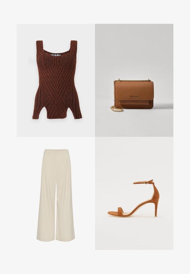 Rjav pleteni top na naramnice z rebrasto teksturo, ki ima geometrijski vzorec, široke naramnice in oprijet silhueto.; Široke hlače iz svetlo bež tkanine, z gubami, visokim pasom in gladko strukturo brez vidnih okraskov.; Rjave suedne sandale na visoki pet, ki vključujejo tanko ankletno zaponko z zlatim zatičem, odprto toe ter eleganten, minimalističen dizajn.; Rjava teksturirana usnjena torba čez ramo z zlatim verižnim trakom in zapiranjem na pokrov. Spredaj je vidna podrobnost logotipa in žep pod pokrovom.