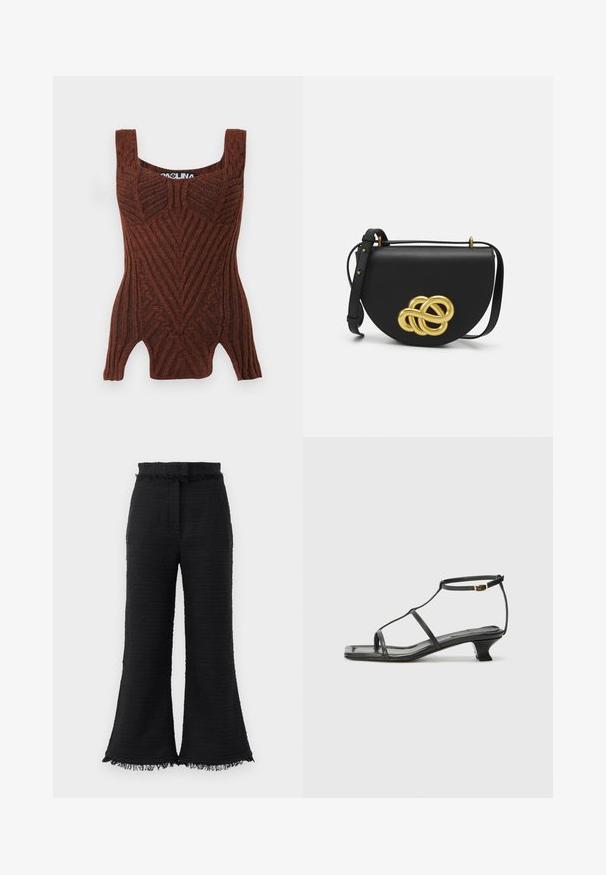 Hnědý pletený top bez rukávů s ribkovanou strukturou, který má geometrický vzor, široké ramínka a přiléhavý střih.; Černé široké kalhoty s texturovanou tkaninou, roztrhaným lemem a elastickým pasem. Design má hladký povrch a volný střih.; Černá kožená sandál s čtveratou špičkou, tenkými popruhy, nastavitelným kotníkovým popruhem a nízkým podpatkem. Obsahuje malý zlatý akcent na popruhu.; Černá kožená kabelka zaobleného tvaru, s velkou zlatou ozdobnou uzlíkovou aplikací na přední straně a nastavitelným popruhem.