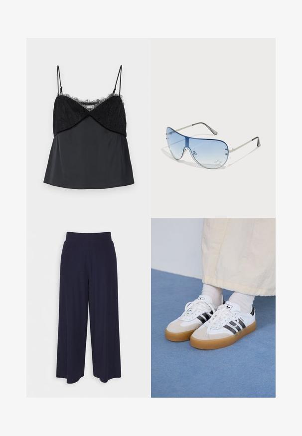 Black camisole with a lace overlay, adjustable straps, and satin texture. Features a fitted bodice and flared hem.; Wide-leg trousers in dark navy fabric with a ribbed texture. Features a smooth waistband and a flowy silhouette, reaching mid-calf length.; White sneakers with black stripes and beige suede accents. Feature a textured gum sole and flat white laces, worn with light-colored socks.; Aviator sunglasses featuring a gradient blue lens, silver metal frame, and decorative star accents on the lens. Smooth and sleek design.