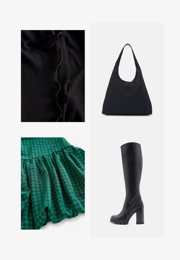 Fekete anyag, textúrált, hullámos éllel. Az anyag könnyűnek tűnik, és enyhén ráncolt, sima felületet mutat.; Zöld kockás szövet változó árnyalatokkal, gyűrt textúrával és fodros szegéllyel. Az anyag szellősnek és könnyűnek tűnik.; Fekete, térdig érő csizma, sima bőrből készült, vastag sarkú, kerek orrú, tapadóval ellátott, textúrált talppal, letisztult dizájn, díszítések nélkül.; Fekete szövet táska egyetlen, széles vállpánttal. Puha, félstruktúrált forma és sima textúra; minimális dizájn, látható fémalkatrészek nélkül.