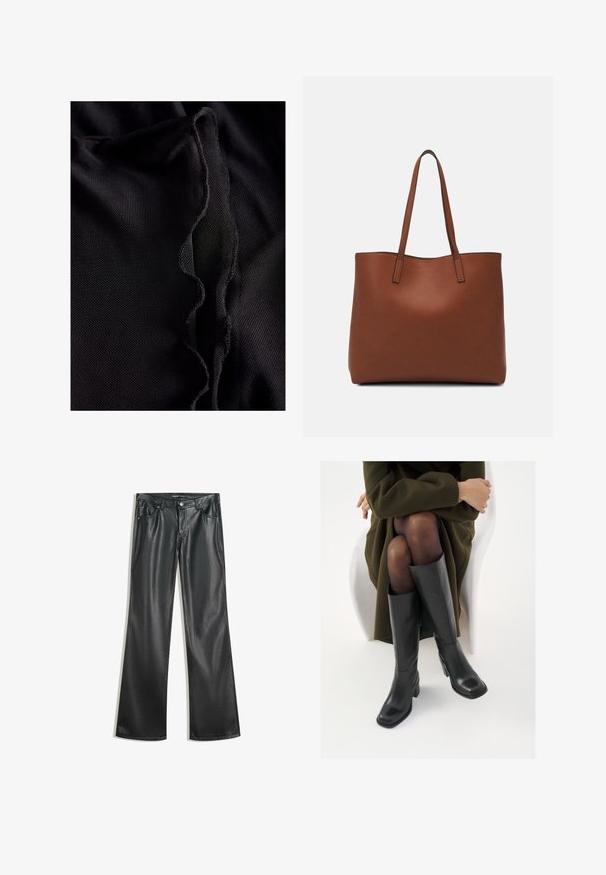 Fekete anyag, textúrált, hullámos éllel. Az anyag könnyűnek tűnik, és enyhén ráncolt, sima felületet mutat.; Fekete műbőr bővülő nadrág sima textúrával, öt zsebbel, elülső cipzárral és kontrasztos varrásokkal.; Térdfelett érő fekete bőr csizmák négyzet alakú orral és tömbtalppal, olajzöld kabátban ülő modellel bemutatva. Simaság, minimalista részletezés.; Barna bőr vászontáska sima textúrával, nyitott tetejű dizájnnal és két vállpánttal. Minimális varrással és látható hardver nélkül készült.