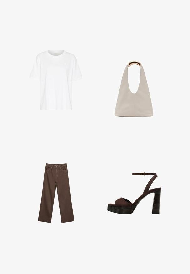 White cotton t-shirt with a relaxed fit, short sleeves, crew neck, and small heart logo on the left chest area. Smooth texture.; Wide-leg brown jeans made of denim, featuring a high waist, front pockets, and a classic button closure. Smooth texture with subtle stitching.; Brown suede high-heeled sandal with an open toe, adjustable ankle strap, and a striped platform sole.; Light gray leather bag with a U-shaped design and a curved metallic handle. Smooth texture with minimal stitching and no visible patterns.