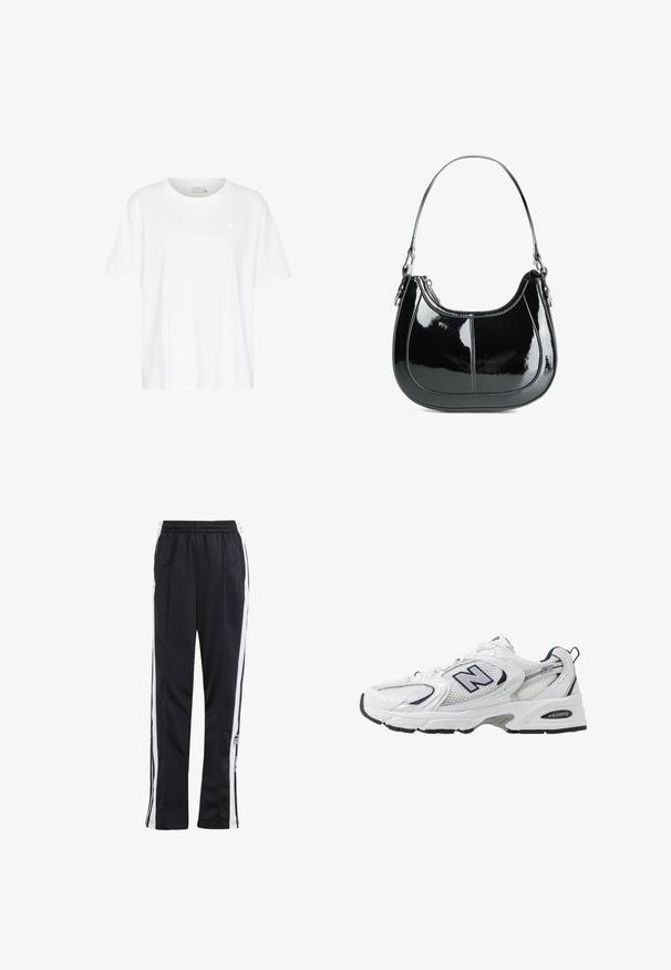 White cotton t-shirt with a relaxed fit, short sleeves, crew neck, and small heart logo on the left chest area. Smooth texture.; Black track pants with white side stripes, elastic waistband, and a logo patch. Made from smooth, lightweight fabric. Straight leg design.; White athletic shoe with mesh upper, navy accents, and cushioned sole. Features "N" logo, laces, and textured detail on side.; Black patent leather handbag with a curved design, zip closure, and a single shoulder strap featuring silver-tone hardware and stitching accents.