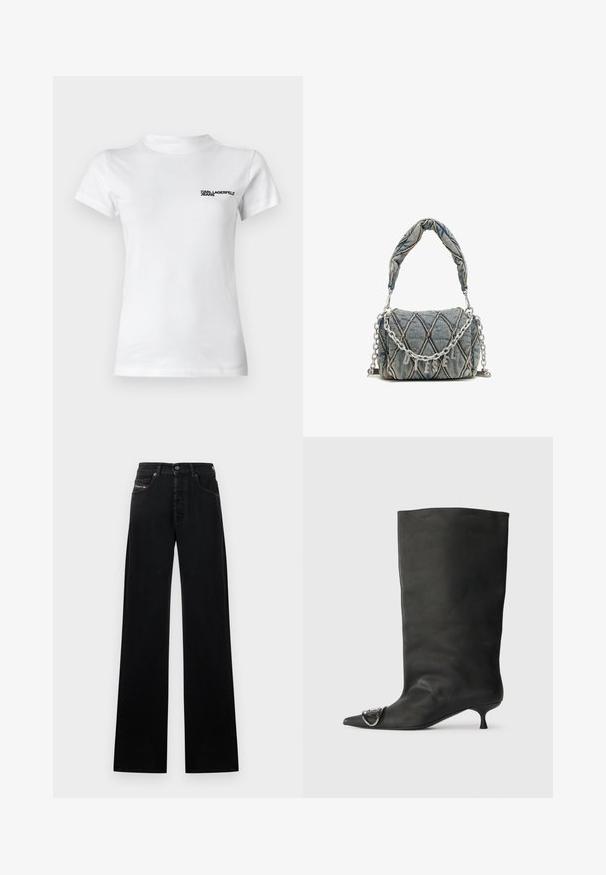 Tricou alb din bumbac cu guler rotund. Are mâneci scurte și un text logo negru "KARL LAGERFELD JEANS" pe partea stângă a pieptului.; Blugi negri cu picioare largi, din denim, cu închidere frontală cu nasturi, cinci buzunare și o mică etichetă cu logo pe talie.; Botină neagră din piele cu vârf ascuțit, toc mic și detaliu metalic pe vârf. Textură netedă, mată pe întreaga suprafață.; Geantă din denim cu model matlasat, de culoare albastră, mânere scurte împletite și curea din lanț argintie cu detalii metalice ale mărcii.