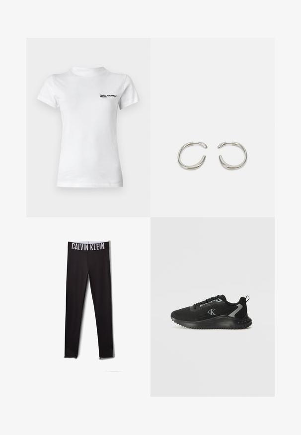 White cotton t-shirt with a round neck. Features short sleeves and a black logo text "KARL LAGERFELD JEANS" on the left chest.; Black leggings with a white "CALVIN KLEIN" logo on the waistband. Smooth material, fitted design, featuring mesh accents at the ankles.; Black low-top athletic sneaker with breathable mesh, lace-up design, textured sole, and "cK" logo on the side.; Silver hoop earrings with a smooth, rounded design and a sleek, polished finish. Features a minimalistic shape with a slight opening.