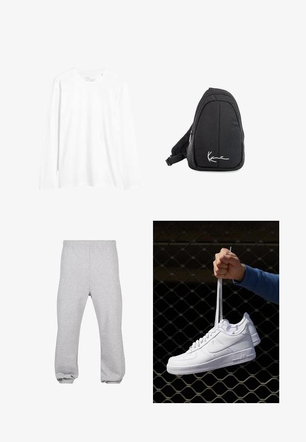 Dlhý rukáv, biele tričko vyrobené z bavlny. Má okrúhly výstrih, priliehavý strih a bočné rozparky na leme. Jednoduchý dizajn bez vzorov.; Sivé tepláky vyrobené z bavlnenej zmesi, s elastickým pásom, zúženými nohavicami a manžetami. Jednoduchý dizajn bez vzorov.; Biele kožené tenisky s perforáciami, okrúhlou špičkou, plochou podrážkou a hrubými šnúrkami, pričom majú viditeľné logo swoosh a nápis "AIR" na päte.; Čierny látkový vakuový batoh s hladkou textúrou, ktorý má zakrivený dizajn, zipsovú priehradku a biele logo vpredu.