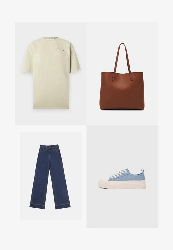 Világos bézs színű, túlméretezett póló, puha pamutból készült. Rövid ujjú, kerek nyakú, az elején pedig kis fekete szöveges logó található.; Sötétkék denim széles lábú farmernadrág. Öt zsebbel, övhurkokkal és nyers szegéllyel az alján, amelyen látható varrási részletek találhatók.; Világoskék vászon sportcipők, krémszínű gumitippel és talppal, fehér fűzőkkel és egy húzófüllel a sarkán.; Barna bőr vászontáska sima textúrával, nyitott tetejű dizájnnal és két vállpánttal. Minimális varrással és látható hardver nélkül készült.