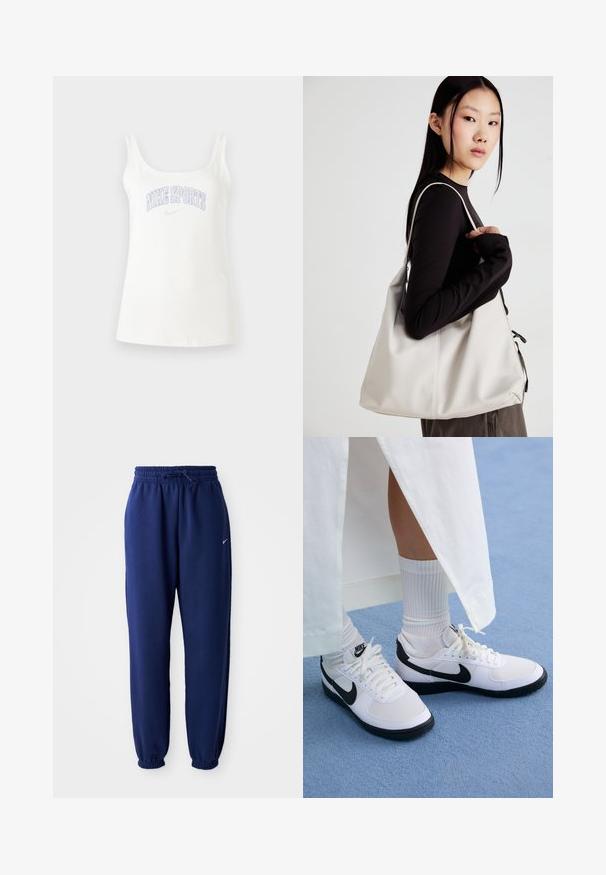 Fehér, pamutkeverék tank top széles vállpántokkal és világos lila "NIKE SPORTS" grafikával a mellkason. Sima tapintás.; Navy kék sportnadrág puha anyagból, elasztikus derékpánttal és zsinórral, elasztikus mandzsettákkal és egy kis fehér logóval.; Fehér Nike sportcipők fekete kiegészítőkkel, sima bőrből készült felsőrésszel, fehér cipőfűzőkkel és strapabíró gumitalppal, fehér bordás zoknival párosítva.; Puha anyagból készült bézs kézitáska, laza dizájnnal, varrott részletekkel és két vállpánttal. Mindennapi használatra alkalmas.