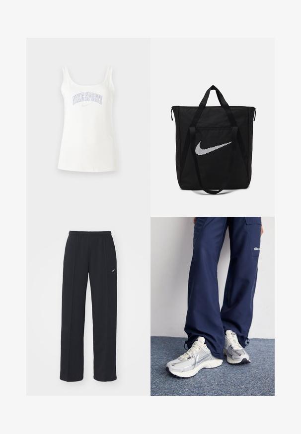 T-shirt sem mangas em mistura de algodão, com largas alças e gráfico "NIKE SPORTS" em lilás claro no peito. Textura suave.; Calças de jogging Nike pretas com uma cintura elástica e bolsos laterais, apresentando um pequeno logótipo branco na perna esquerda e um corte reto.; Tênis esportivos Nike com parte superior em malha prata, detalhes em branco e solas texturizadas, combinados com calças largas azul-marinho.; Saco tote preto em nylon com duas alças resistentes e fecho com zíper. Apresenta um destacado logo branco da Nike em um design de listras horizontais.