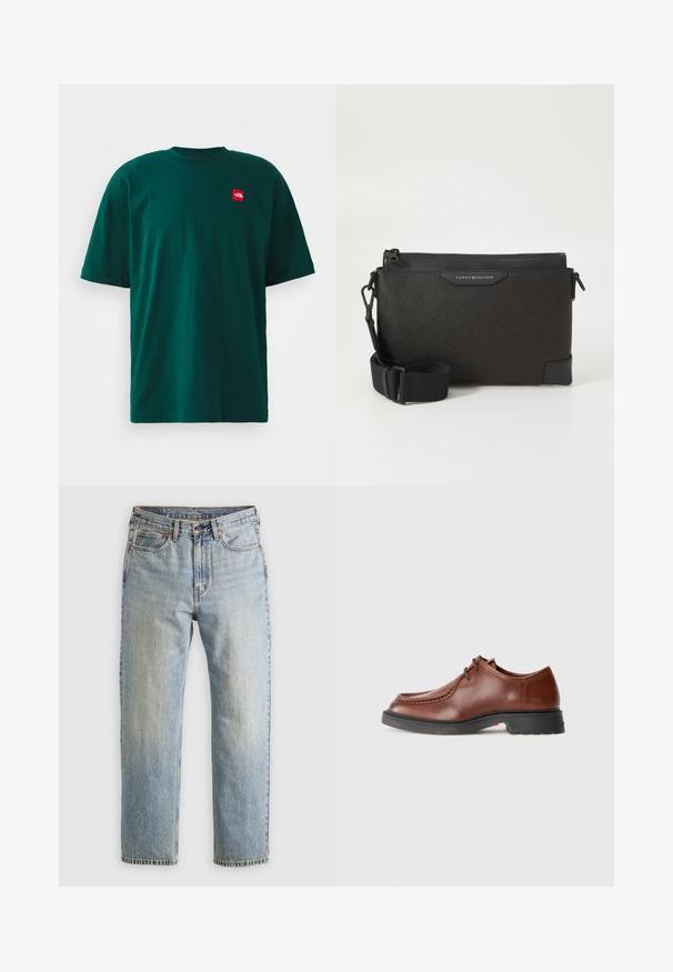 Dark green short-sleeve T-shirt made of cotton. Crew neckline with a small red logo patch on the left chest. Smooth texture. Casual design.; Light blue denim jeans with high waist, front button, zipper, and five-pocket design, laid flat on a neutral background.; Brown leather dress shoe with a rounded toe, contrasting stitching, lace-up design, and a textured black rubber sole.; Black leather crossbody bag with a textured finish, featuring a zip closure and adjustable strap. Logo patch on the front. Rectangular shape.