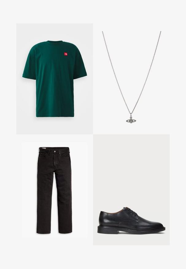 Sötétzöld, rövid ujjú pamut póló. Kerek nyakkivágás, bal mellen egy kis piros logóval. Simább textúra. Hétköznapi design.; Fekete egyenes szárú farmernadrág öt zsebbel, gombos záródással és övhurkokkal, fehér háttéren elhelyezve.; Fekete bőrből készült dresszcipő kerek orral, fűzős kialakítással és alacsony, rétegelt sarkával. Simás felület minimális varrási részletekkel.; Ezüst lánc nyaklánc, részletes, bolygó formájú medállal, kicsi díszítőelemekkel és összetett mintákkal díszítve.