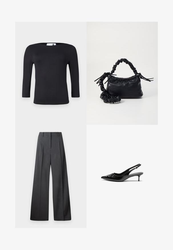 Fekete, hosszú ujjú felső kerek nyakkal, sima, rugalmas anyagból készült. Illeszkedő fazonnal rendelkezik, és nem tartalmaz látható mintákat vagy díszítéseket.; Széles szárú nadrág sötétszürke anyagból, magas derekú, egyes redőkkel, sima textúrával és tiszta befejezéssel a szegélyeken.; Fekete bőrből készült, pántos magassarkú cipő hegyes orral, alacsony cicás sarokkal, és fodros részlettel a lábfején. Simább felület és minimalista design.; Fekete műbőr kézi táska krokodil bőr textúrával, összehúzható tetejű és gyűrt pánttal. Lágy és kompakt dizájnúnak tűnik.