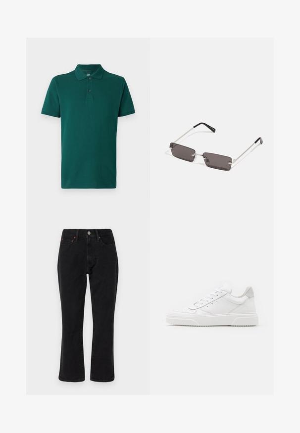 Grünes Poloshirt aus Baumwolle. Verfügt über einen klassischen Kragen, kurze Ärmel und drei Knöpfe am Hals. Glatte Textur.; Schwarze Jeans aus Denim mit geradem Bein, Fünf-Taschen-Design und metallischen Elementen mit Kupferakzenten. Glatte Textur und mittelhoher Bund.; Weiße Leder-Sneaker mit glatter Oberfläche, rundem Zehenbereich, flachen Schnürsenkeln und strukturiertem Schuhsohlen. Graues Wildleder-Detail an der Ferse.; Sonnenbrille mit rechteckigen, dunkelgrauen Gläsern, silbernen Metallrahmen und schwarzen Kunststoffenden an den Bügeln. Leichtes Design mit Nasenpads.