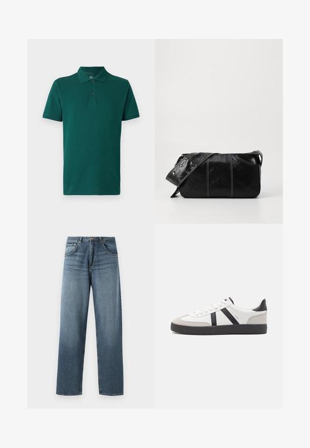 Žalias poliesteris, pagamintas iš medvilnės. Yra klasikinis apykaklė, trumpomis rankovėmis ir trimis sagomis ant kaklo. Lygi tekstūra.; Tiesi blue džinsai su tiesiomis kojomis, turintys nublukusią apdailą, su penkių kišenių dizainu, metaline saga ir diržo kilpomis. Tvirto vidutinio svorio audinys.; Balti sportbačiai su juodais ir pilkais akcentais, pasižymintys tekstūruotu pilku pirštų dangteliu, juoda gumine padais ir plokščiomis baltomis raišteliais. Švarus dizainas, minimalistinis stilius.; Juodas odinis pečių krepšys su užtrauktuku, turintis tekstūruotą paviršių, baltą siuvinėjimą ir dirželį su sidabinėmis metalinėmis detalėmis.