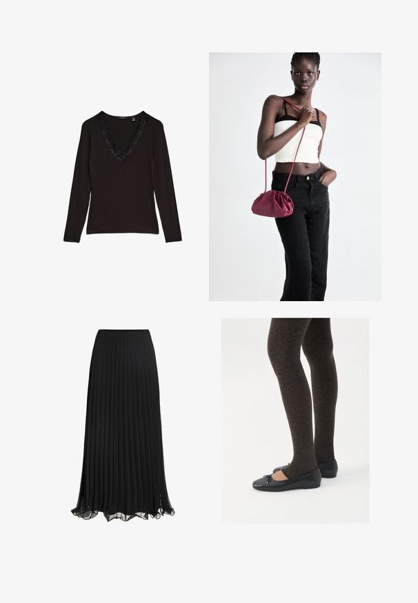 Schwarzes langärmeliges Oberteil mit tiefem V-Ausschnitt und dekorativem Spitzenbesatz entlang des Kragens. Glatter Stoff mit schmaler Passform.; Schwarze, plissierte Maxiröcke aus leichtem Stoff mit fließendem Design. Mit einem Rüschensaum und einem elastischen Taillenbund für mehr Komfort.; Schwarze flache Schuhe mit einem kleinen Schleifendetail an der Zehe, kombiniert mit dunkelbraunen gerippten Strumpfhosen. Die Schuhe haben eine glatte Textur und ein niedriges Profil.; Burgunderfarbene Handtasche aus weichem Stoff mit gerafftem Design und langem Trageriemen, quer über den Körper getragen. Das Modell trägt ein weißes Crop-Top und schwarze Jeans.