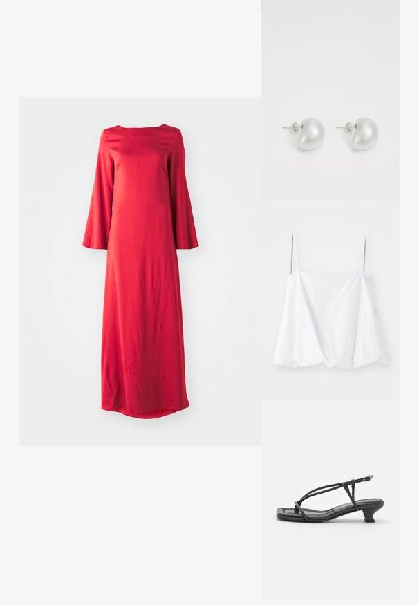 Hvid ærmeløs top med tynde stropper, lavet af letvægtsstof. Den har et løst design og rynket tekstur ved kanten.; Lang rød kjole i letvægtsstof, med bateau udskæring og brede klokkeærmer. Glat tekstur med en lige silhuet.; Sort lædersandal med tynde stropper, lav blokhæl og firkantet tå. Har en spænde lukning og glat tekstur.; Sort læder crossover taske med halvmåneform, tekstureret overflade, guld lynlås og en flad rem. Kompakt design, der er velegnet til det mest nødvendige.; Sølv perleøreringe med en buet, bønneform. Glat, blank overflade og sikret med en stift og bagside-lukning.