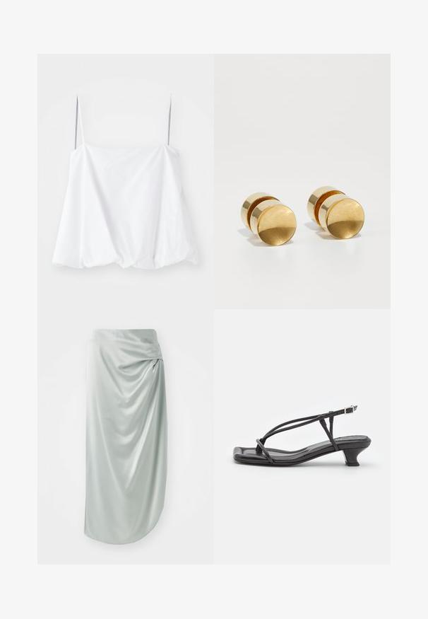 Top bianco senza maniche con spalline sottili, realizzato in tessuto leggero. Caratterizzato da un design largo e una texture arricciata all'orlo.; Top senza maniche in satin blu chiaro con scollatura drappeggiata e superficie liscia. Etichetta con la scritta "Tiger of Sweden 1993."; Gonna in satin verde chiaro con design drappeggiato, di lunghezza media, texture liscia, caratterizzata da un dettaglio a nodo laterale per un interesse visivo aggiunto.; Sandalo in pelle nera con cinturini sottili, tacco basso a blocco e punta quadrata. Presenta una chiusura con fibbia e una superficie liscia.; Orecchini in metallo dorato con una semplice forma rotonda, caratterizzati da una finitura liscia e una fascia centrale lucida. Misurano circa 1 cm di diametro.