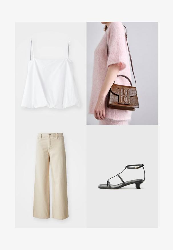 White sleeveless top with thin straps, made from lightweight fabric. Featuring a loose design and gathered texture at the hem.; Beige wide-leg jeans made of denim, featuring a high waist, button closure, belt loops, and side pockets. Smooth texture and relaxed fit.; Black leather sandal with a square toe, thin straps, adjustable ankle strap, and a low heel. Features a small gold accent on the strap.; Brown crocodile-embossed handbag with a top handle and shoulder strap. Features a prominent logo on the front flap. Soft texture.