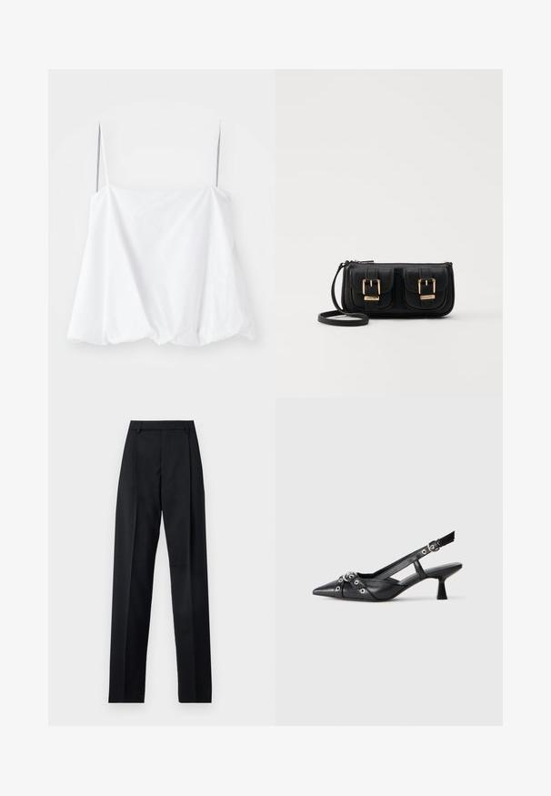 Fehér ujjatlan blúz vékony pántokkal, könnyű anyagból készült. Laza fazonú, az alján ráncolt textúrával rendelkezik.; Fekete nadrág sima anyagból, magas derékkal, széles lábakkal, elülső redőkkel és klasszikus övhurkokkal. Oldalzsebek nem láthatók.; Fekete bőr slingback cipő hegyes orral, dekoratív pántokkal, fém szemekkel és alacsony blokk sarkú. Texturált felület.; Fekete bőr keresztbody táska két elülső zsebbel, arany csattokkal, cipzáras záródással és vékony pánttal. Textúrált felület és kompakt téglalap alak.