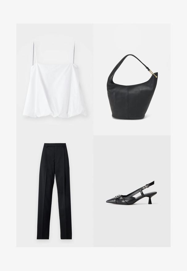 Fehér ujjatlan blúz vékony pántokkal, könnyű anyagból készült. Laza fazonú, az alján ráncolt textúrával rendelkezik.; Fekete nadrág sima anyagból, magas derékkal, széles lábakkal, elülső redőkkel és klasszikus övhurkokkal. Oldalzsebek nem láthatók.; Fekete bőr slingback cipő hegyes orral, dekoratív pántokkal, fém szemekkel és alacsony blokk sarkú. Texturált felület.; Fekete bőrtáska kerekded formával, széles pánttal és texturált felülettel. Finom varrási részletekkel és arany színű fém díszítéssel rendelkezik.