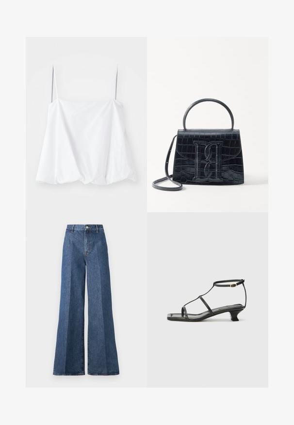 Balta bezpiedurkņu blūze ar plānām siksnām, izgatavota no viegla auduma. Iekļauj brīvu piegriezumu un savilkta tekstūra apakšmalā.; Platām kājām zili denim džinsi ar augstu jostasvietu, ar klasisko piecu kabatu dizainu un pogu aizdari, izgatavoti no teksturēta kokvilnas auduma.; Melna ādas sandale ar kvadrātveida purngalu, plānām siksnām, regulējamu potītes siksnu un zemu papēdi. Iezīme ir neliela zelta akcenta detaļa uz siksnas.; Melnas krokodila rakstā izgatavota ādas rokassoma ar strukturētu dizainu, augšējo rokturi, regulējamu siksnu un izteiktu priekšējo logotipa detaļu.