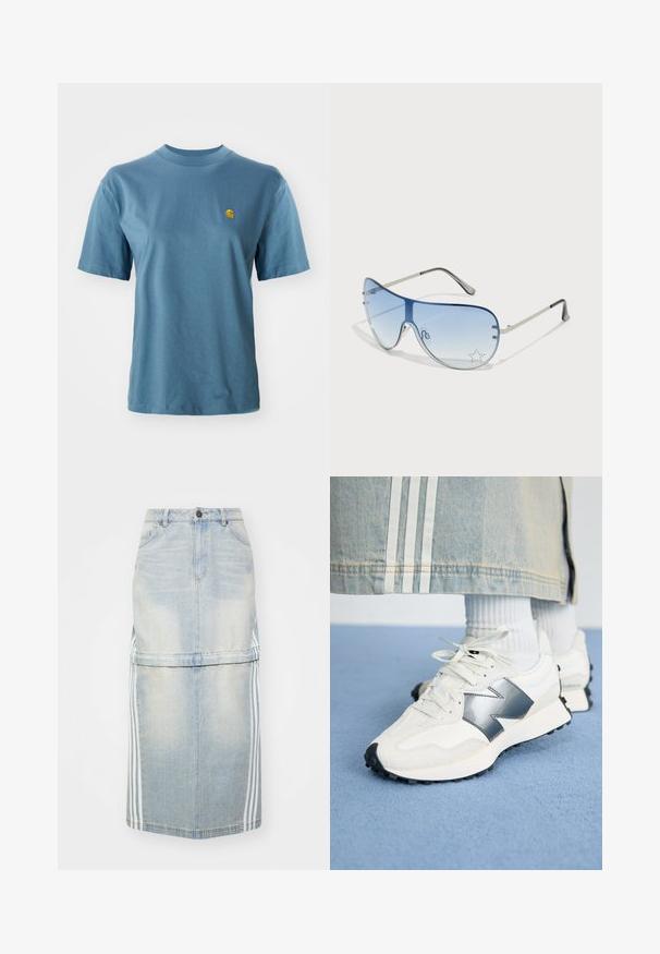 Světle modré bavlněné tričko s krátkými rukávy a žebrovaným kulatým výstřihem. Na levé straně hrudi se nachází malé žluté logo pro ozdobu.; Džínová midi sukně v světle modré barvě, s bočními pruhy, přiléhavým pasem a předními kapsami. Odloupaná textura přidává detail.; Bílé sportovní tenisky se stříbrným akcentem, texturovanou tkaninou a hladkou kůží; mají černou gumovou podrážku a tkaničky.; Pilotské sluneční brýle s modrými gradientními skly, stříbrným kovovým rámem a dekorativními hvězdnými akcenty na sklech. Hladký a elegantní design.