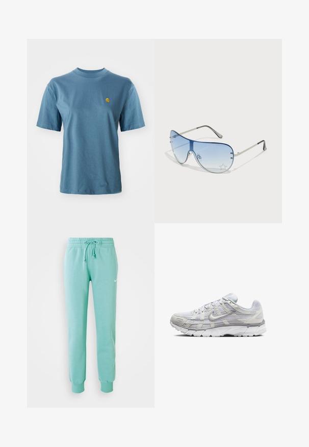 T-shirt in cotone azzurro chiaro con maniche corte e collo a costine. Presenta un piccolo logo giallo sul lato sinistro del petto per un tocco di dettaglio.; Pantaloni da tuta verde menta con vita elastica, cordino e polsini a coste. Presentano un piccolo logo Nike bianco sulla coscia sinistra.; Scarpe da ginnastica grigio chiaro con tomaia in rete e sintetico, dotate di chiusura con lacci, collo imbottito e suola testurizzata per una migliore aderenza.; Occhiali da sole aviator con lenti blu sfumate, montatura in metallo argentato e decorazioni a forma di stella sulle lenti. Design liscio e sofisticato.