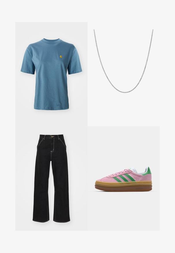 Lys blå bomull T-skjorte med korte ermer og ribbestrikket rund hals. Har en liten gul logo på venstre bryst for detaljer.; Svarte vide jeans laget av denim, med kontrasterende hvite sømmer og en frontknapplukking, samt to skrå frontlommer.; Rosa semskede sneakers med grønne striper, hvite detaljer og en brun gummisåle. Har teksturert stoff og logodetaljer på siden.; Sølvkjede med en jevn, rund flat lenkedesign. Har en blank overflate og måler omtrent 50 cm i lengde.