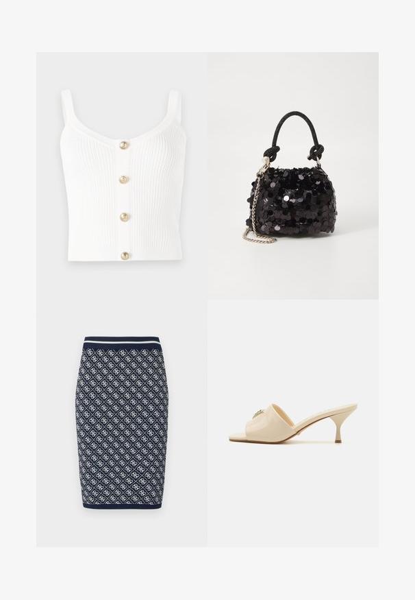 Bílý žebrovaný pletený top bez rukávů se zaobleným výstřihem a pěti zlatými knoflíky uprostřed. Hladký povrch s úzkými ramínky.; Pletená tužková sukni v námořnické modré a bílé barvě s diamantovým geometrickým vzorem. Má pruhovaný elastický pas a hladkou texturu.; Krémové lakované kožené sandály typu mule s otvorenou špičkou a nízkým stiletto podpatkem. Obsahují centrální dekorativní prvek na svršku. Hladký, lesklý povrch.; Černá mini kabelka s flitry, s uzlovým texturovaným popruhem a stříbrným řetízkem. Zaoblený tvar s nařaseným vrchem a reflexními detaily.