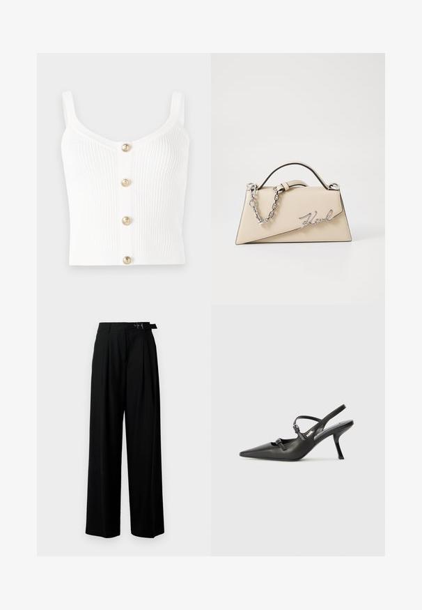 Hvid ribbet strik tanktop med en scoop-udskæring og fem guld-tone knapper ned langs midten. Glat tekstur med slanke stropper.; Sort vide-bein bukser med høj talje, læg foran og et bælte med spænde. Fremstillet af glat, let materiale.; Sorte læder slingback hæle med spids tå, slank hæl og dekorativ spænde detalje på vampen. Glat tekstur og strømlinet design.; Beige læderhåndtaske med en struktureret, trekantet form, der har et sølvfarvet kædehåndtag og et kursivlogo i metal.