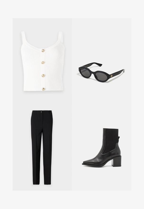 Bílý žebrovaný pletený top bez rukávů se zaobleným výstřihem a pěti zlatými knoflíky uprostřed. Hladký povrch s úzkými ramínky.; Černé přizpůsobené kalhoty se střihovým designem s rovnými nohavicemi, s knoflíkovým zapínáním a poutky na opasek, vyrobené z hladké látky.; Černé kotníkové boty s špičatou špičkou, vyrobené z hladké kůže a elastické tkaniny. Mají blokový podpatek a minimalistický design.; Černé oválné sluneční brýle s tmavými skly a lesklým plastovým rámem. Obsahují zlaté logo na straně, které poskytuje elegantní a moderní design.; Modrá vzorovaná taška vyrobená z látky, s oblým tvarem, černým koženým popruhem a logem v světlejším odstínu.